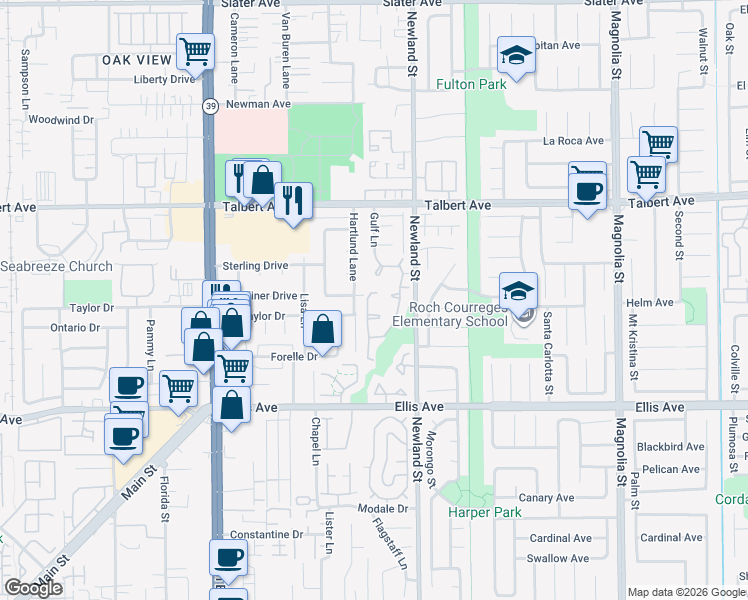 map of restaurants, bars, coffee shops, grocery stores, and more near 18242 Hartlund Lane in Huntington Beach