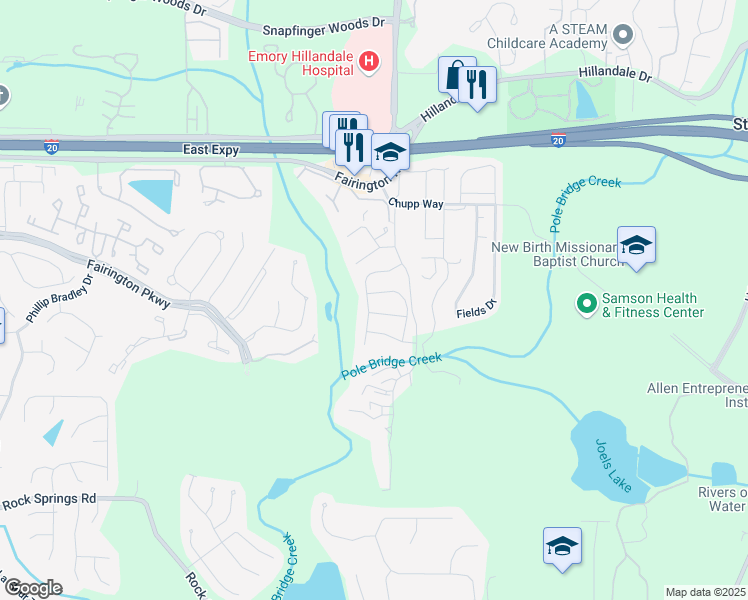 map of restaurants, bars, coffee shops, grocery stores, and more near 5867 Trent Walk Drive in Stonecrest