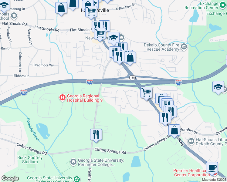 map of restaurants, bars, coffee shops, grocery stores, and more near 348 Glen Hollow Lane in Decatur