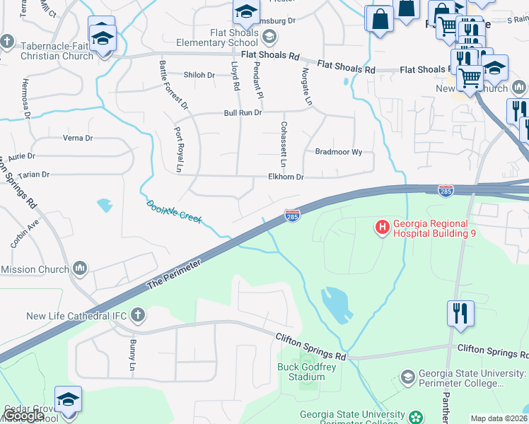 map of restaurants, bars, coffee shops, grocery stores, and more near 2599 McGlynn Drive in Decatur