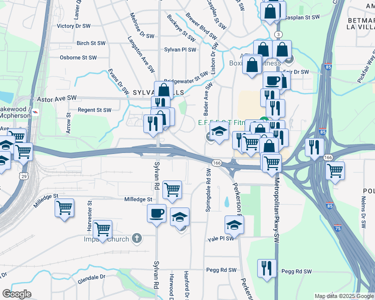 map of restaurants, bars, coffee shops, grocery stores, and more near 2077 Perkerson Road Southwest in Atlanta