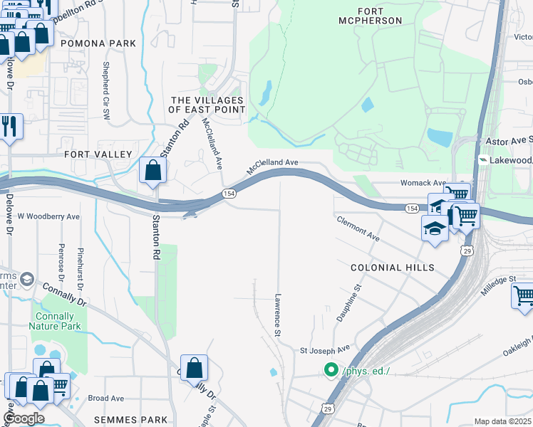 map of restaurants, bars, coffee shops, grocery stores, and more near 1638 East Woodberry Avenue in Atlanta