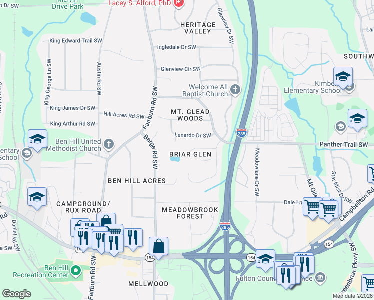 map of restaurants, bars, coffee shops, grocery stores, and more near 2023 Briar Ridge Way Southwest in Atlanta
