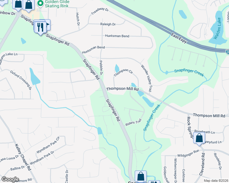 map of restaurants, bars, coffee shops, grocery stores, and more near 4537 Thompson Mill Road in Decatur