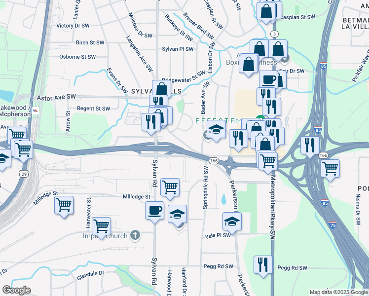 map of restaurants, bars, coffee shops, grocery stores, and more near 2077 Perkerson Road Southwest in Atlanta