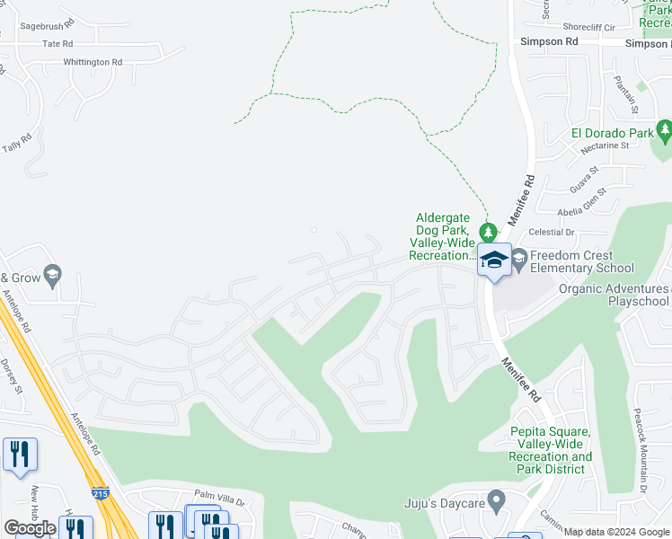 map of restaurants, bars, coffee shops, grocery stores, and more near 28397 Oasis View Circle in Menifee