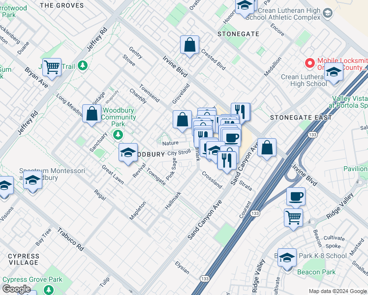 map of restaurants, bars, coffee shops, grocery stores, and more near 67 City Stroll in Irvine