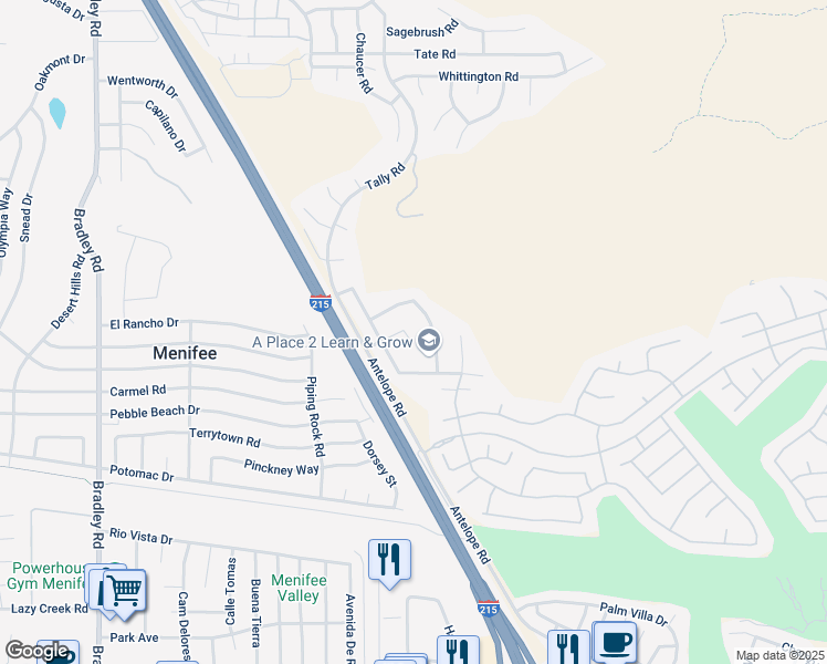 map of restaurants, bars, coffee shops, grocery stores, and more near 27716 High Gate Court in Menifee