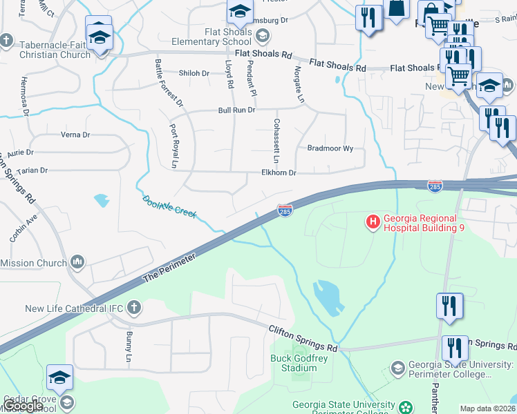 map of restaurants, bars, coffee shops, grocery stores, and more near 2599 McGlynn Drive in Decatur