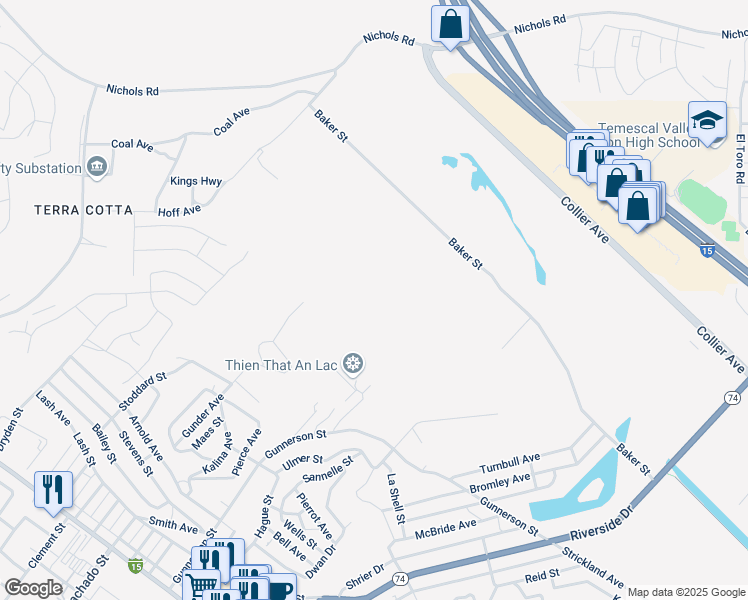 map of restaurants, bars, coffee shops, grocery stores, and more near Gunder Avenue in Lake Elsinore