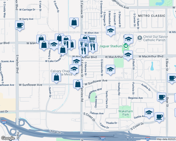 map of restaurants, bars, coffee shops, grocery stores, and more near 2725 West Aurora Street in Santa Ana