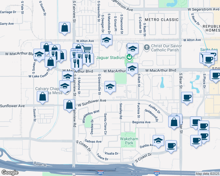 map of restaurants, bars, coffee shops, grocery stores, and more near 2521 West Sunflower Avenue in Santa Ana