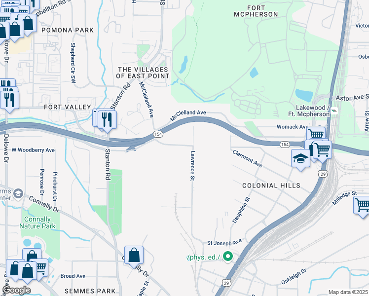 map of restaurants, bars, coffee shops, grocery stores, and more near 1638 East Woodberry Avenue in Atlanta