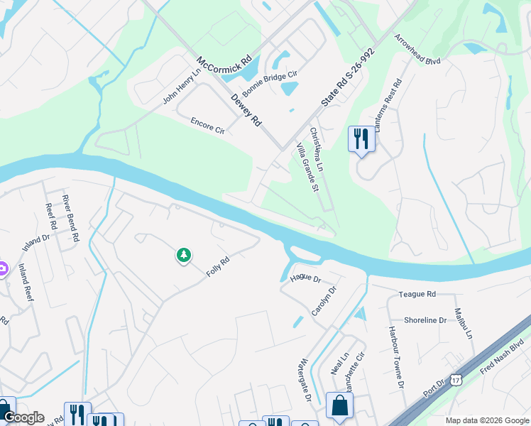 map of restaurants, bars, coffee shops, grocery stores, and more near 622 Riverside Drive in Myrtle Beach