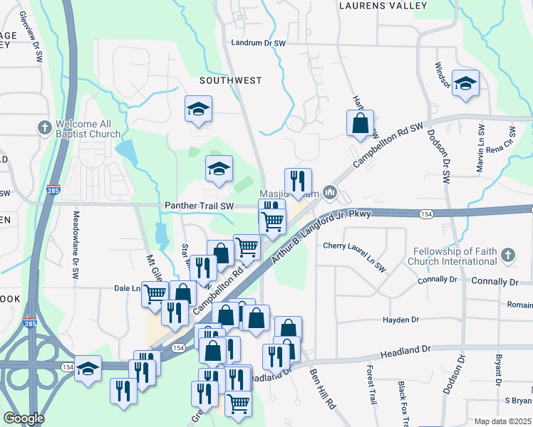 map of restaurants, bars, coffee shops, grocery stores, and more near 2118 Childress Drive Southwest in Atlanta