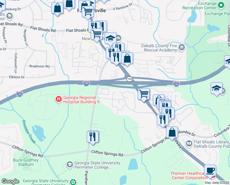 map of restaurants, bars, coffee shops, grocery stores, and more near 348 Glen Hollow Lane in Decatur