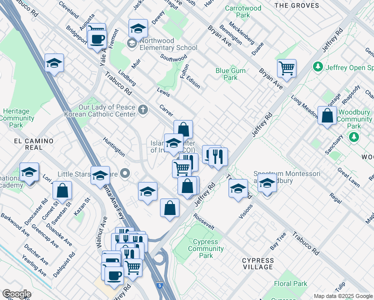 map of restaurants, bars, coffee shops, grocery stores, and more near 5410 Trabuco Road in Irvine