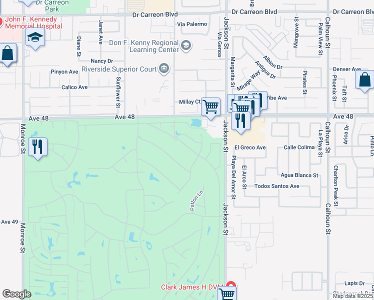 map of restaurants, bars, coffee shops, grocery stores, and more near 82753 Barrymore Street in Indio
