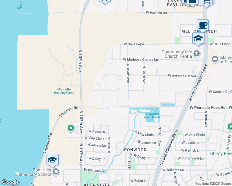 map of restaurants, bars, coffee shops, grocery stores, and more near 10445 West Camino De Oro in Peoria