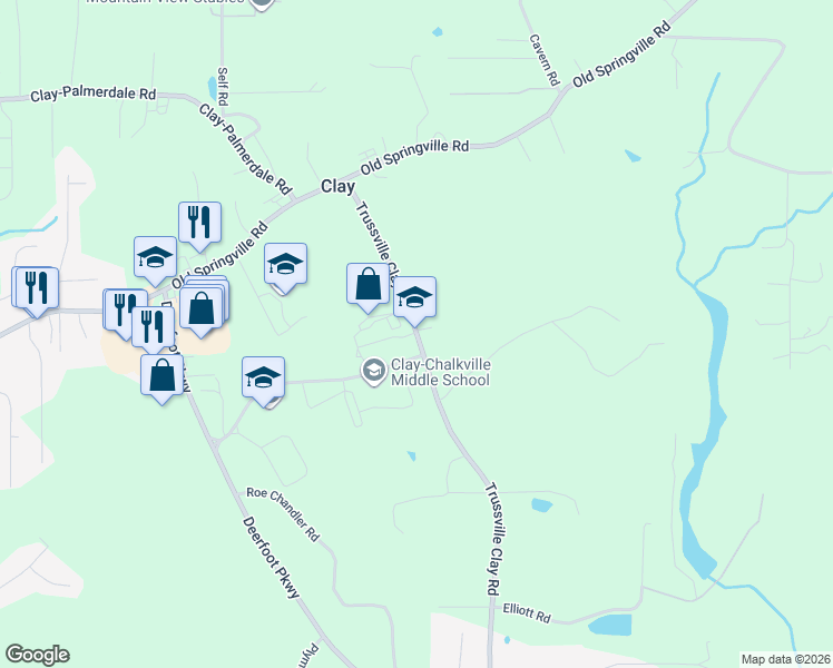 map of restaurants, bars, coffee shops, grocery stores, and more near 6700 Trussville Clay Road in Trussville