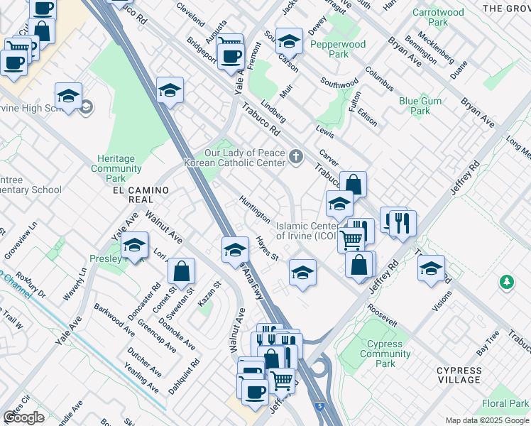 map of restaurants, bars, coffee shops, grocery stores, and more near 329 Huntington in Irvine