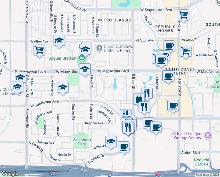 map of restaurants, bars, coffee shops, grocery stores, and more near 2010 West Summer Wind in Santa Ana
