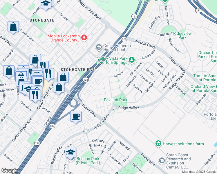 map of restaurants, bars, coffee shops, grocery stores, and more near 150 Pavilion Park in Irvine