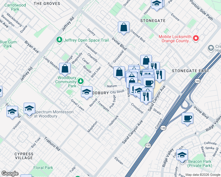 map of restaurants, bars, coffee shops, grocery stores, and more near 42 Nature in Irvine