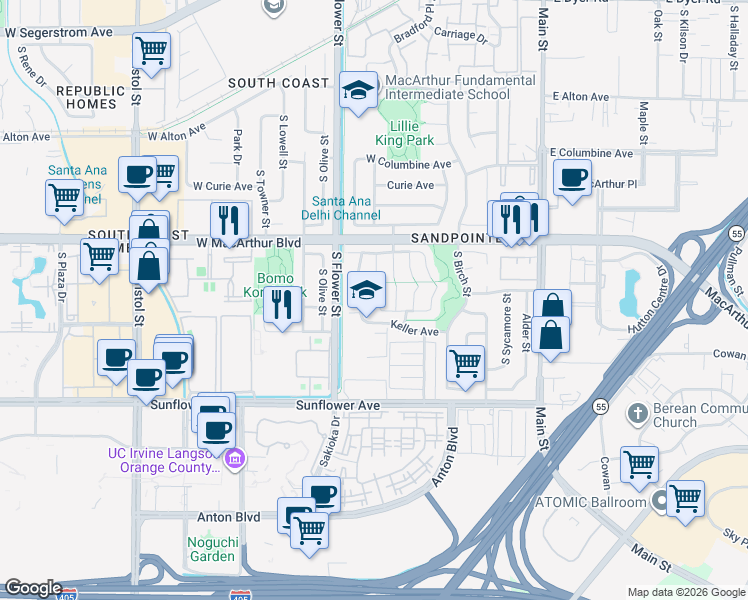 map of restaurants, bars, coffee shops, grocery stores, and more near 3718 South Garnsey Street in Santa Ana