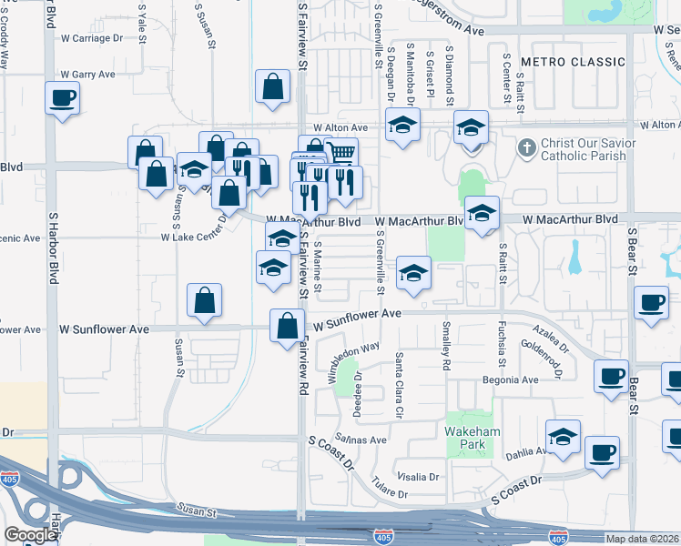 map of restaurants, bars, coffee shops, grocery stores, and more near 2707 West Aurora Street in Santa Ana