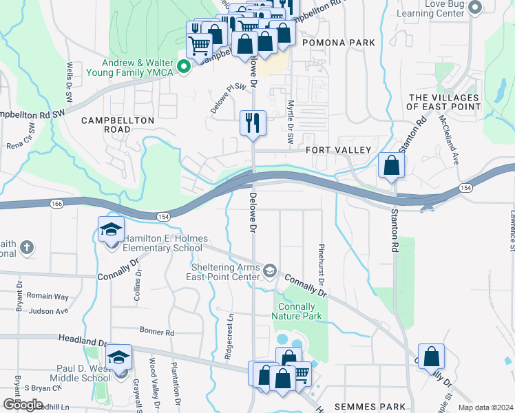 map of restaurants, bars, coffee shops, grocery stores, and more near 2092 Delowe Drive in East Point