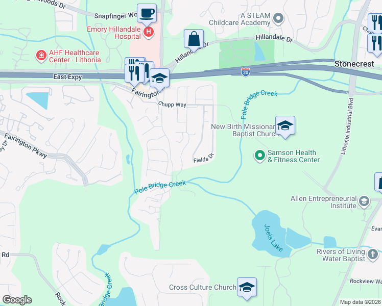 map of restaurants, bars, coffee shops, grocery stores, and more near 2967 Fields Drive in Lithonia