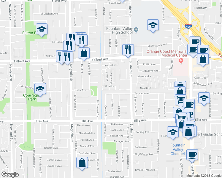 map of restaurants, bars, coffee shops, grocery stores, and more near 201 Road Runner Lane in Fountain Valley