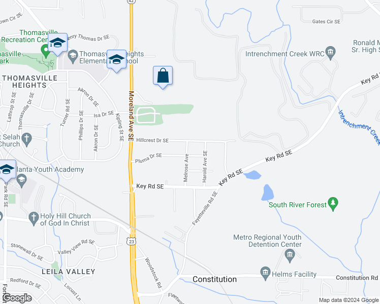 map of restaurants, bars, coffee shops, grocery stores, and more near 1122 Pluma Drive Southeast in Atlanta