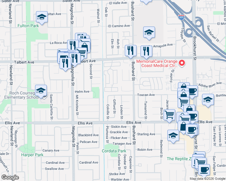 map of restaurants, bars, coffee shops, grocery stores, and more near 9331 Toucan Avenue in Fountain Valley