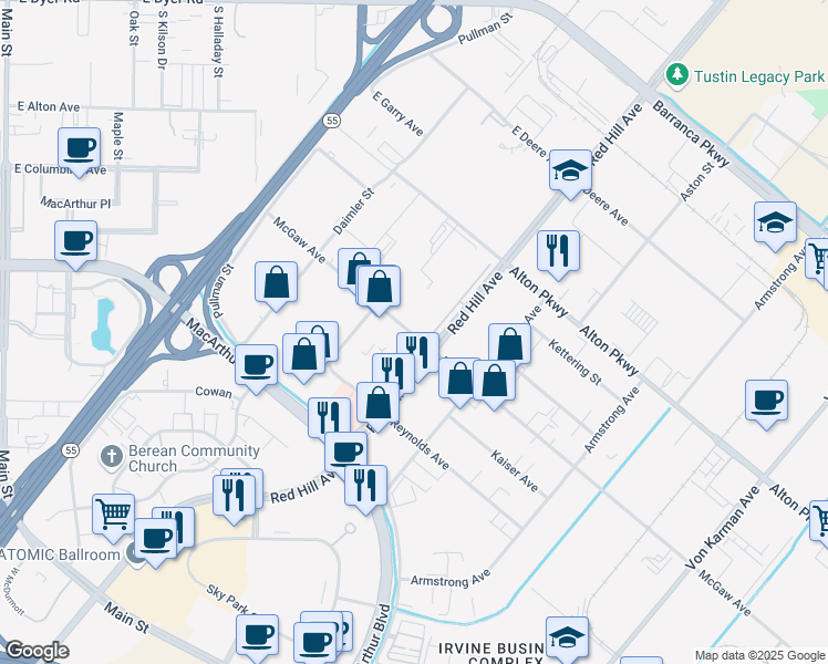 map of restaurants, bars, coffee shops, grocery stores, and more near 1467 McGaw Avenue in Irvine