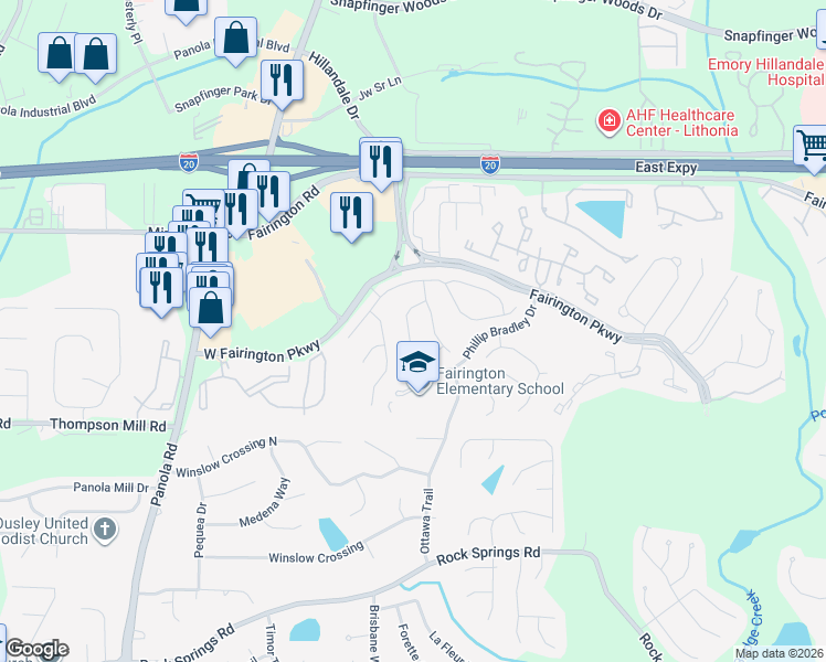 map of restaurants, bars, coffee shops, grocery stores, and more near 3049 Highland Park Lane in Stonecrest