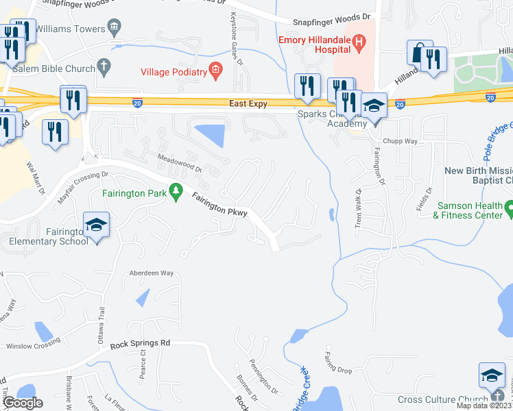 map of restaurants, bars, coffee shops, grocery stores, and more near 1302 Fairington Village Drive in Lithonia
