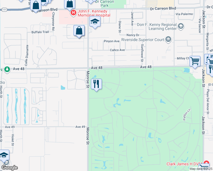map of restaurants, bars, coffee shops, grocery stores, and more near 82180 Hanson Drive in Indio