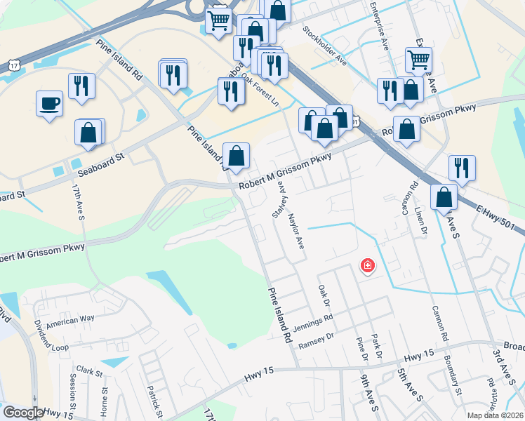 map of restaurants, bars, coffee shops, grocery stores, and more near 1622 Pine Island Road in Myrtle Beach