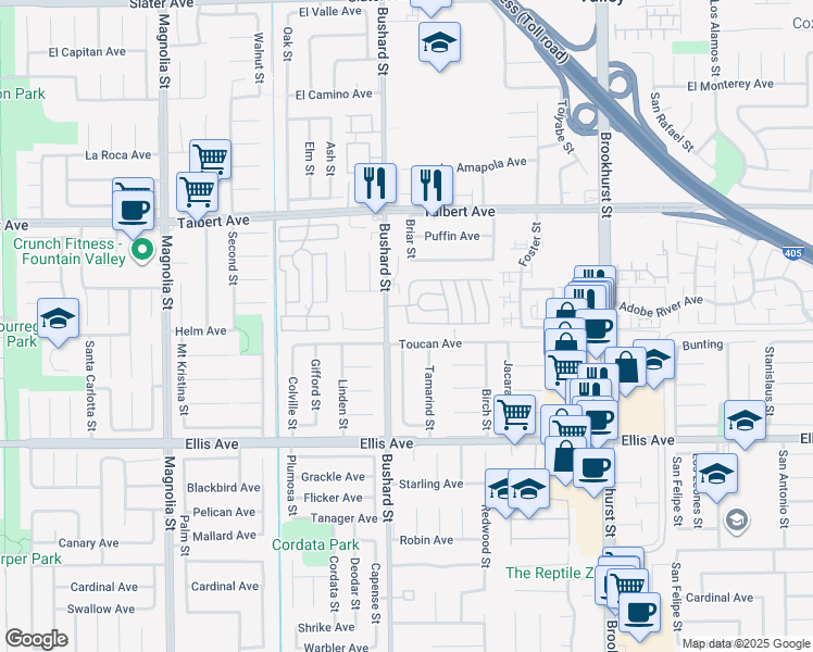map of restaurants, bars, coffee shops, grocery stores, and more near 310 Magpie Lane in Fountain Valley