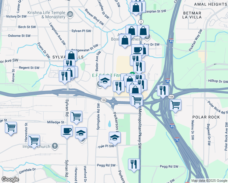 map of restaurants, bars, coffee shops, grocery stores, and more near 2074 Fleet Street Southwest in Atlanta
