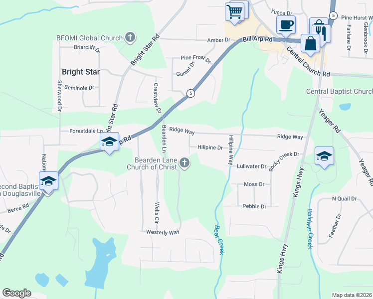 map of restaurants, bars, coffee shops, grocery stores, and more near 3974 Wedgewood Lane in Douglasville