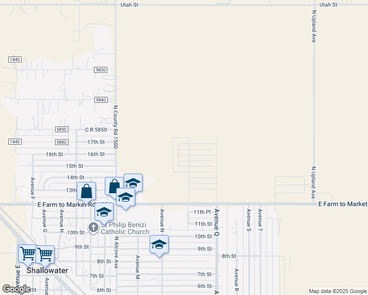 map of restaurants, bars, coffee shops, grocery stores, and more near 1404 16th Street in Shallowater
