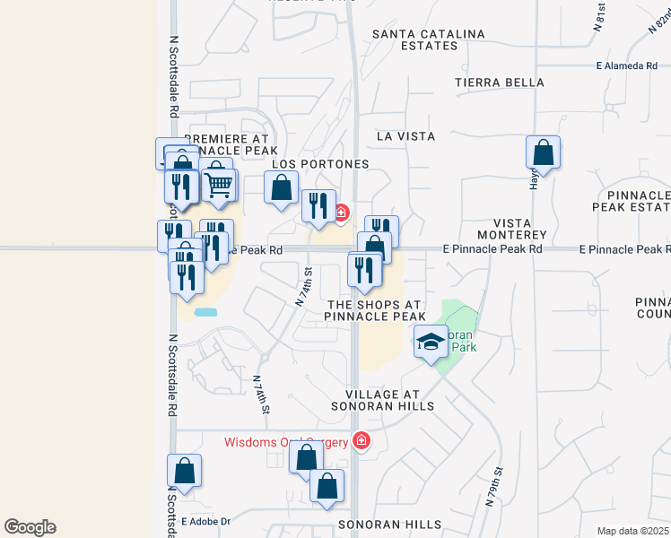 map of restaurants, bars, coffee shops, grocery stores, and more near 23391 North 74th Place in Scottsdale