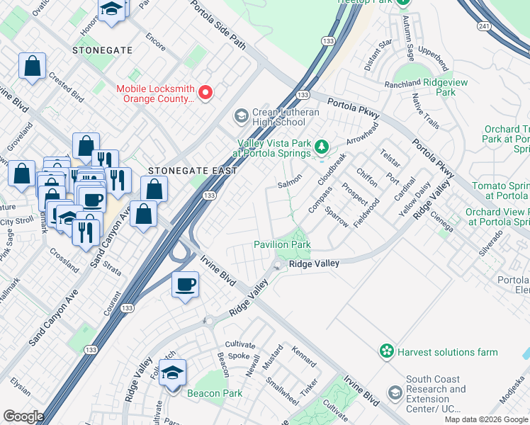 map of restaurants, bars, coffee shops, grocery stores, and more near 150 Pavilion Park in Irvine