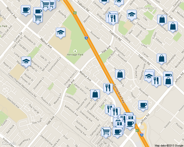 map of restaurants, bars, coffee shops, grocery stores, and more near 49 Heritage in Irvine