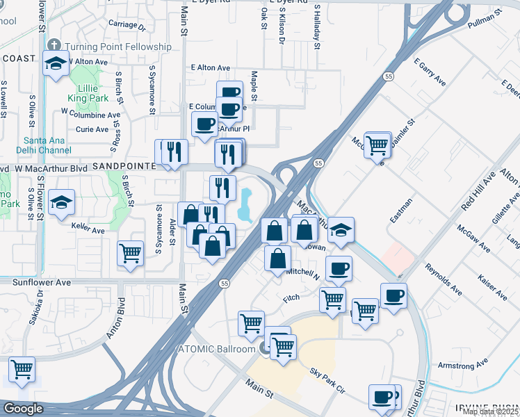 map of restaurants, bars, coffee shops, grocery stores, and more near 4 Hutton Centre Drive in Santa Ana