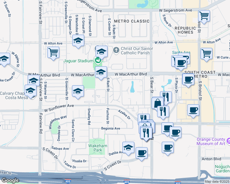 map of restaurants, bars, coffee shops, grocery stores, and more near 3610 Aspen Village Way in Santa Ana