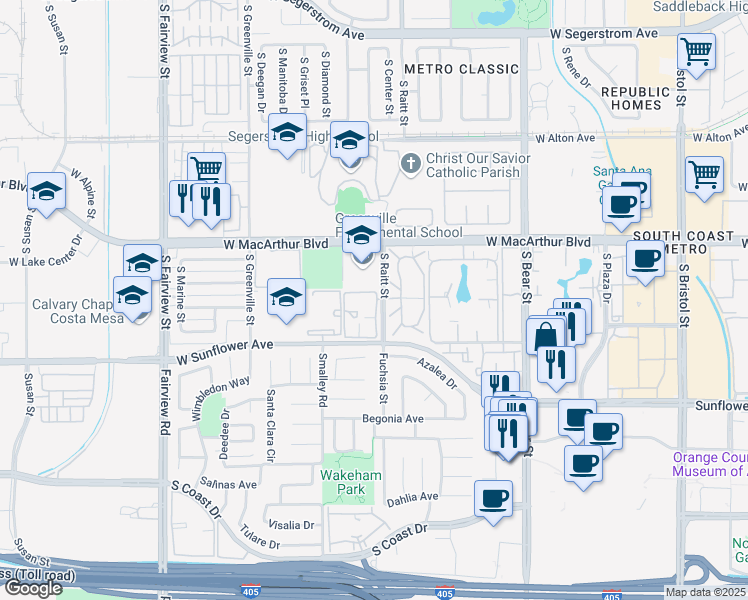 map of restaurants, bars, coffee shops, grocery stores, and more near 3734 South Raitt Street in Santa Ana